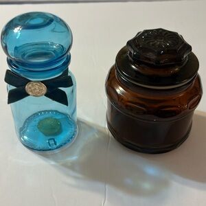 Set of 2 Vintage Lidded Apothecary Style Jars Blue Brown Glass